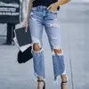 Women's Jeans Personalized Street Style Casual Stretch Loose Hole Irregular Sand Wash Trousers