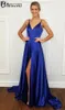 Robes de fête Simple Champagne Prom 2024 Spaghetti Stracts Backless Sweep Train Side Slit Evening Rouge Vestido Formatura