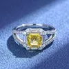 Cluster Rings Real S925 Silver Square Women's 7mm Yellow Diamond Ring Female 5A Zircon Original Design Luxury Jewel Girl Gift Banket