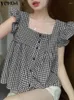 Blans des femmes élégants sommets Vonda Summer Plaid Femmes Femmes Sexy Square Collar Short Sleeve Ruffled 2024 Fashion Casual Woard Blusas