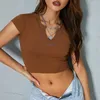 Frauen T-Shirts Frauen Sommer kurzes T-Shirt-Ärmel Patchwork maßgeschneidert V-Ausschnitt Rippte Crop Top Damen Stretchy Navel Hemd