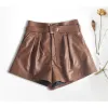 Shorts vrouwen Harajuku echte lederen knop geplooide falbala shorts met riem femme hoge taille hhaki/groen casual mujer sexy buit shorts