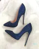 Lady Dark Blue Navy Crystal Pointed Toe High Heels Shoes Pumpar Rhinestone Stiletto Heel8967567