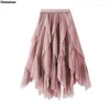 Röcke Frauen eine Linie Tulle Midi Tutu Fairy Stufe Rock Elastic Tailled Rüschen Rüschen Mesh Long Night Club Party