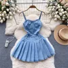 Lässige Kleider Sommermode für Frauen Denim Slash Neck Spaghetti Gurt dünne Plissee Kleid Französisch Chic weiblich Vestidos Drop