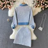 Arbeitskleider Herbst Winter Winter Vintage Tweed Wolle zweiteils Set Frauen Full Sleeve Jackel Mantel Mini Kurzrock 2 Outfits Anzug