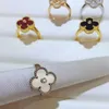 Designer Brand New VAN Gold High Edition Lucky Four Leaf Grass Series Ring Womens Full Diamond Agate Natural White Shell