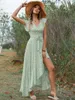 Robes de fête Houzhou Robe de floral élégant sexy Femmes Summer Bohemian Holiday Long Green Irrégulet Casual Bandage Loose Sundage