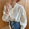 Blouses voor dames solide lange mouw Koreaanse stijl boog losse vintage casual elegante tops 2024 vrouwen uitgehold shirts blusas 9580