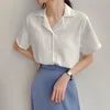 女性用ブラウスカジュアルプレーンカラーVネックシャツ韓国フリップカラー夏の短袖シャツカレッジスタイルトップ