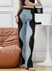 Damesjeans Streetwear Black Blue Wave gesplitste rechte buis Wijd been Denim broek voor vrouwenbroeken Vintage Y2K Koreaanse herfstkleding