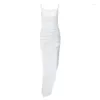 Casual Dresses BOOFEENAA Lace Trim Satin White Dress Sexy Elegant Spaghetti Strap Backless Split Long Summer Clothes Women 2024 C15CE14