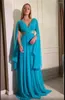 Party Dresses Light Blue Chiffon Long Prom A-line V Neck Pleated Beadings Floor Length Saudi Arabia Women Evening Dress