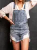 Women's Jeans Vintage Full Spray Denim Strap Shorts Female Street Fashion Solid Color Hand Abrasion Big Pocket Trimmings Overall Short Pants