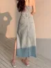 DEEPTOWN Long Denim Skirt Vintage Women Solid High Waist A-LINE Slim Korean Style Jean Slit Midi Skirt Summer Fashion Girl 240412