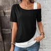 Frauenblusen atmungsaktives T-Shirt Stilvoller Off-Shoulder-Schusskragen Sommertimen mit Patchworkfarbe Lose Fit Casual für Streetwear