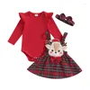 Ensembles de vêtements Visgogo 3pcs Baby Girl Vêtements Tenue de Noël Ruffle à manches longues Carton Carton Elk Elk Plaid Plaid A-Line Jupe Bandin