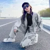 Hose neue Mädchen Brief Teen Casual Clothes Set zweiteilige Jacke Jogger Hosen Anzüge graue Farbe Kinder Anzüge 6 8 10 12 14 Jahre