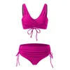 Women's Swimwear 2024 Women Ruched Split Swimsuit Solid Wrap Lace Up Sexy Bikinis Sets High Waist Tankini Bottoms Brazilian