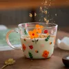 Weingläser Glas Kaffee Tasse Blumenmuster 450 ml Espresso Tassen Getränke Wasser für Haferflocken Frühstück Milk Feiertagsgeschenke