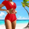 Dames badmode glad zwempak stijlvolle zomer bikini set met v-hals korte mouwen tops hoge taille trekkoord zwembroek voor strand