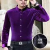 Elegant Gentleman Velvet Dress Shirts Mandarin Father Collar Social Velour Shirts For Mens Flannel Clothes Husband Senior Purple 240403