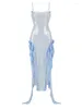 Casual Dresses Summer Sexy Sleeveless Sequin Ruffle Split Long Dress Women Light Blue Spaghetti Strap 3D Flower Maxi Cocktail Evening