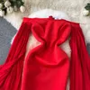 Casual Dresses Vintage Red Banquet Dress Women's Sexy One Shoulder Slash Neck Slimming Short Fashion Ladies Long Sleeve Paty