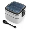 Servis blå trägolvpaneler Dubbelskikt Bento Box Salad Portable Picnic nära natur