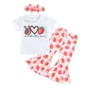 Kleidungssets Kleinkind Baby Girl Sommer Kleidung Brief Erdbeerabdruck Kurzarm Strampler T-Shirt Flare Hosen Stirnband-Outfits