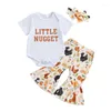 Clothing Sets FOCUSNORM 3pcs Lovely Baby Girls Summer Clothes 0-18M Letter Print Short Sleeves Romper Chicken Flare Pants Headband