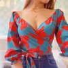 Blouses femininas 2024 Mulheres elegantes Deep V Neck Floral Floral Mangas de lanterna Tops de blusa sexy