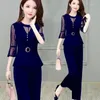 Tweedelige broekpak voor dames 2024 Zomer mode Solid Crop Tops 2 Set Lace Splicing Plus Size Women Blouse kantoorkleding