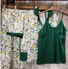 家庭用服2024春秋の女性服プリントシャツスリングショーツパンツ4ピースシルクパジャマスリープウェアカジュアルナイトウェア