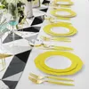 Disposable Dinnerware 150pieces Yellow Plastic Plates With Gold Rim & Silverware Handle-Baroque Sunshine