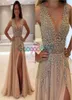 Champagne Sparkly Pärled Split Evening Pageant Party Dresses 2019 Modest Vneck Elegant Full Length Women039s Occasion Prom Gow3346536