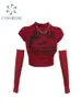 T-shirt imprimé de lettre rouge pour femmes harajuku coréen y2k top 2000S 90S esthétique grunge vintage à manches amovibles t-shirts vêtements 240408