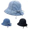 Bérets Denim Bucket Hats for Women Corea mignon Sangle d'arc Coton Coton Cap