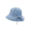 Bérets Denim Bucket Hats for Women Corea mignon Sangle d'arc Coton Coton Cap