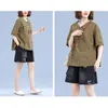 Women's Blouses Loose Fit Tee Solid Color Summer Top Stylish Plaid Print V-neck Shirt With Pocket Short For Streetwear