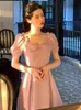 Zomerblauw elegante vintage dres boog roze zoete Franse feest midi jurk Koreaanse retro sprookje mouw dames 2023 240402