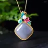 Hängen Ancient Gold Craft Inlay Court Style Geometric Natural Hetian Smoke Purple Jade Halsband Emamel Flower Pendant Jewelry