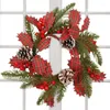 装飾花クリスマスリース装飾冬の赤い格子縞のガーランド農家ウェルカムパインコーン装飾
