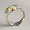 Cluster ringen S925 Sterling Silver voor vrouwen Men Fashion tweekleurige veer ingelegde opaal verstelbare sieraden
