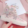 Scarpe casual 2024 Spring Autumn Women High Heel Coppia Canvas Made 3D Floro coreano Floro Fasci di fiocco Pink