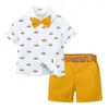 Kledingsets 2024 Toddler Gentleman Outfit Kinderen Korte mouw shirt met boogbroek babyjongens kleren kinderen formeel pak 9m-7y