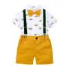 Kledingsets 2024 Toddler Gentleman Outfit Kinderen Korte mouw shirt met boogbroek babyjongens kleren kinderen formeel pak 9m-7y