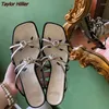 Slippers French Retro Square Head Flower Women 2024 Summer Mid-Heel Comfortable Outerwear All-Match Dress Sandals And