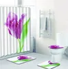 Shower Curtains 4pcs Bathroom Floor Mat Sets Anti Slip Tulips Design Bath Contour Rug Toilet Lid Cover Carpet