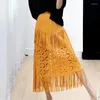 Skirts Miyake Pleated Summer Tassel Hollow Half Skirt Korean Edition Designer's Seaside Holiday Style Travel Fashion 2024